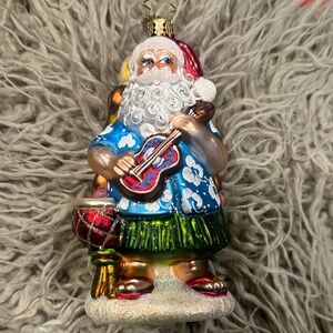 Christooher Radko HO HO HULA Santa glass Ornament with Ukulele Christmas Hawaii